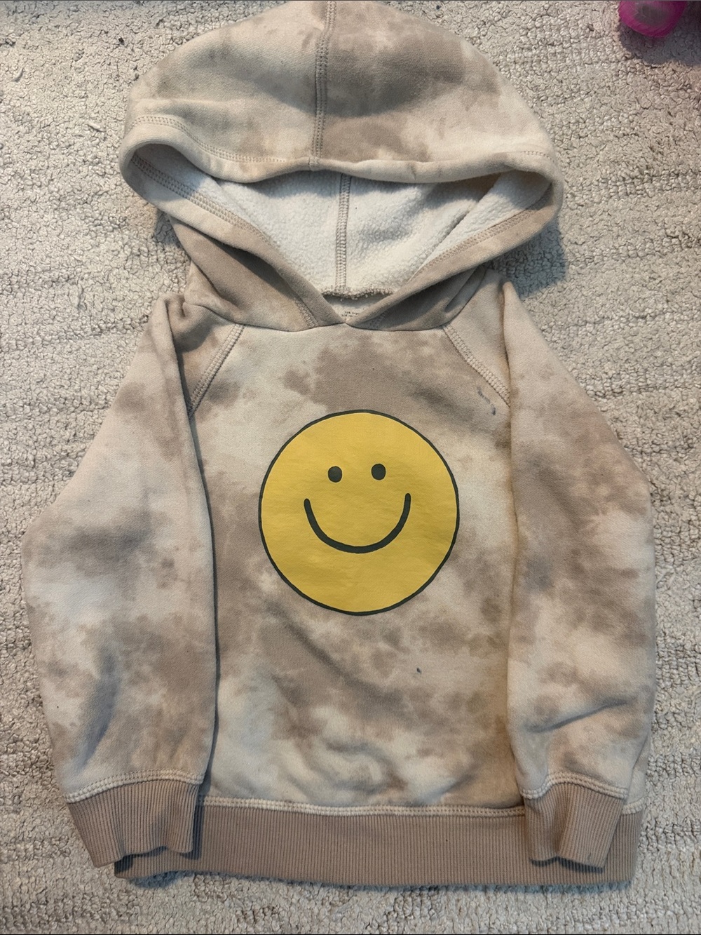 Kids Beige Tie-Dye Hoodie with Yellow Smiley Graphic